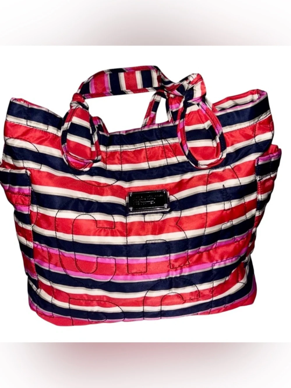 Marc by Marc Jacobs Large Striped Quilted Tote Navy Red Pink Cream Like-New Auth